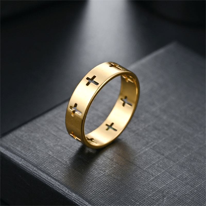 FREE Today: Multi - Cross Cutout Band Ring: Two - Color Stainless Steel Faith Jewelry - Golden - US 11 - image 0