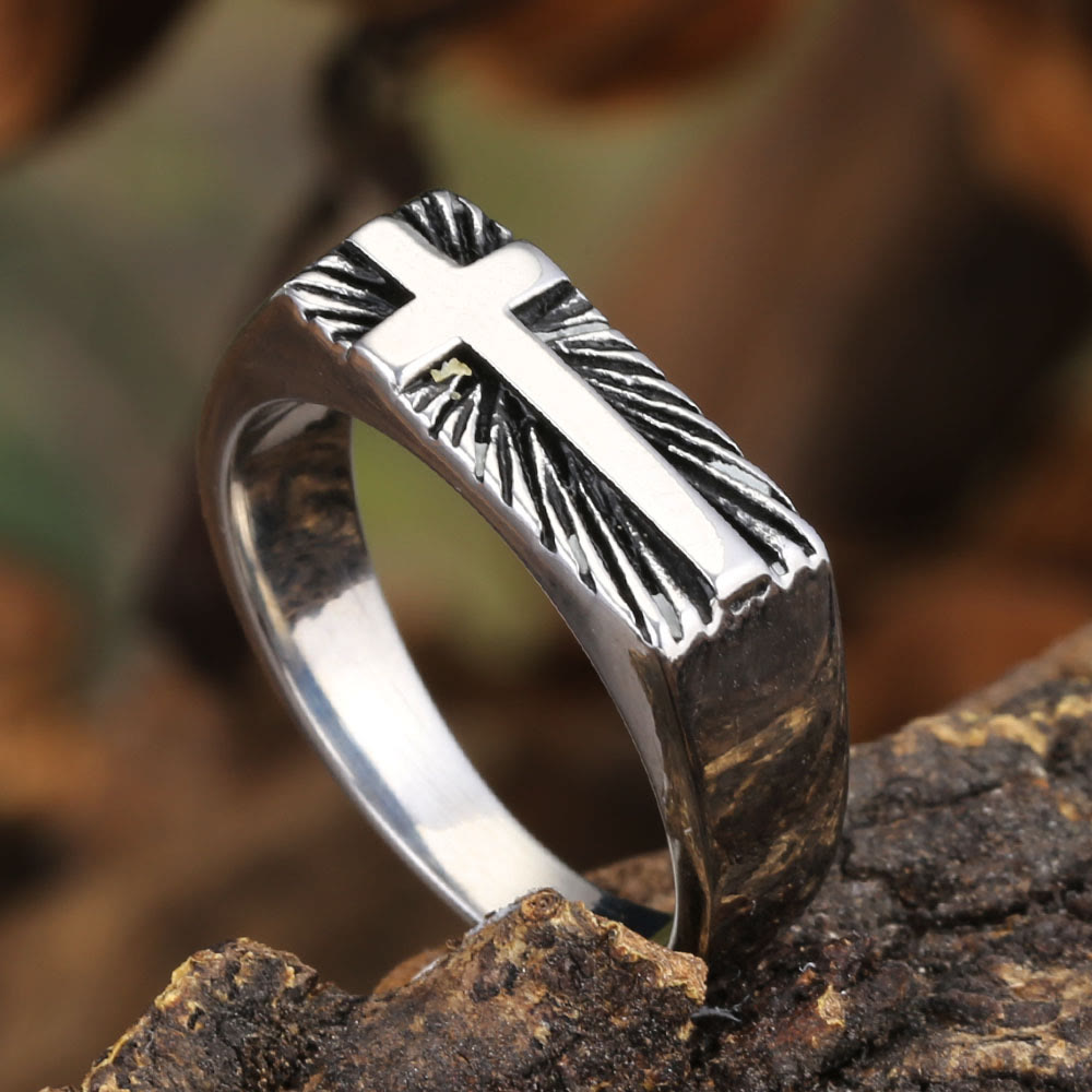 FREE Today: Edgy Religious Cross Ring: Stainless Steel with Radiant Detailing - Silver - US13 - image 0