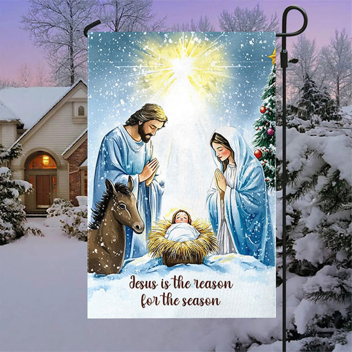 Rustic Style Nativity Scene Garden Flag with Holy Family: Embrace Christ's Miracle - 90×150cm (3×5 ft.) - image 0