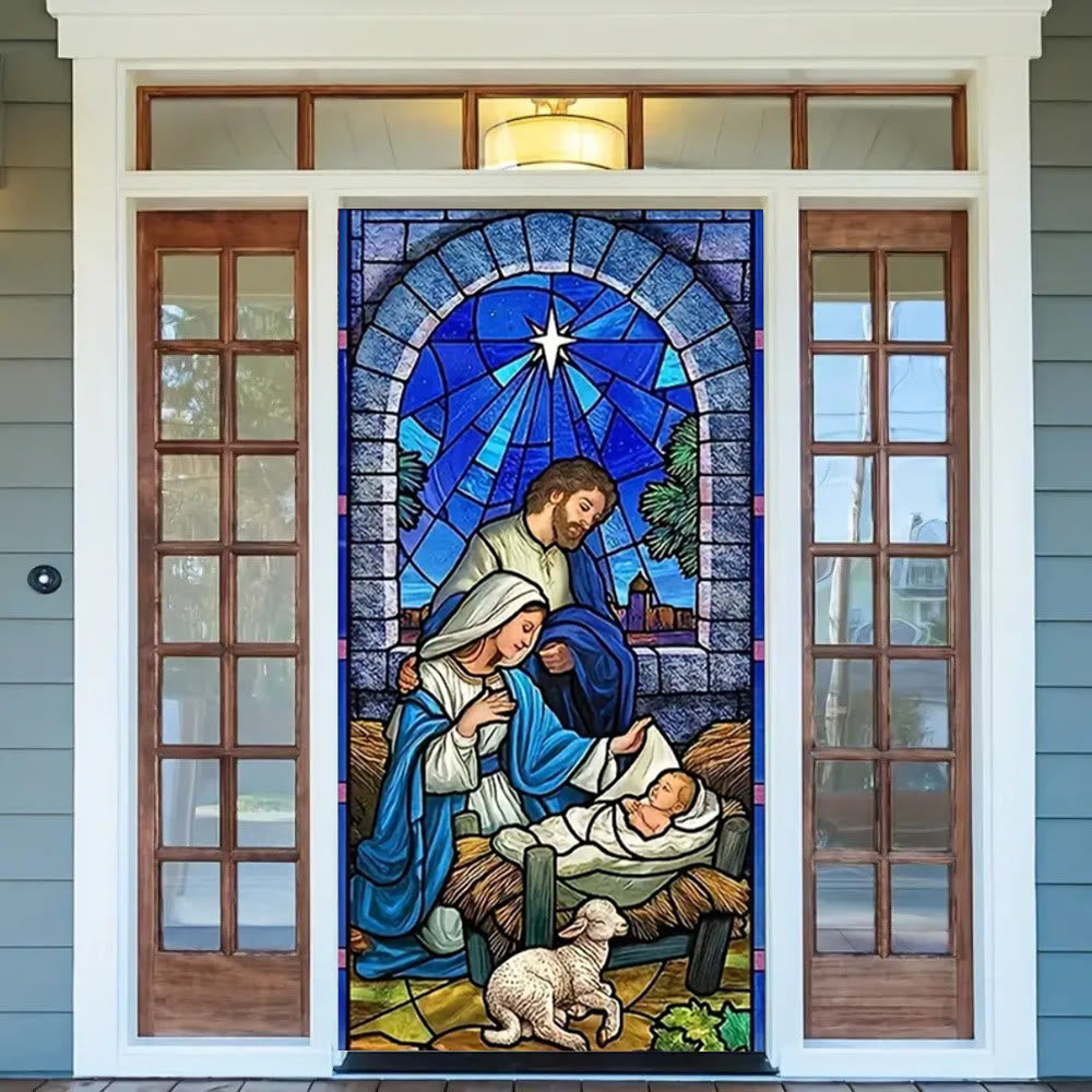 Christianartworkshop Blue - Toned Stained Glass Nativity Door Curtain: Holy Family & Lamb - image 2