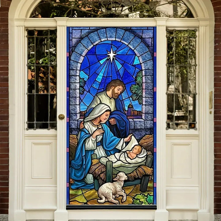 Christianartworkshop Blue - Toned Stained Glass Nativity Door Curtain: Holy Family & Lamb - 90*180cm - image 0