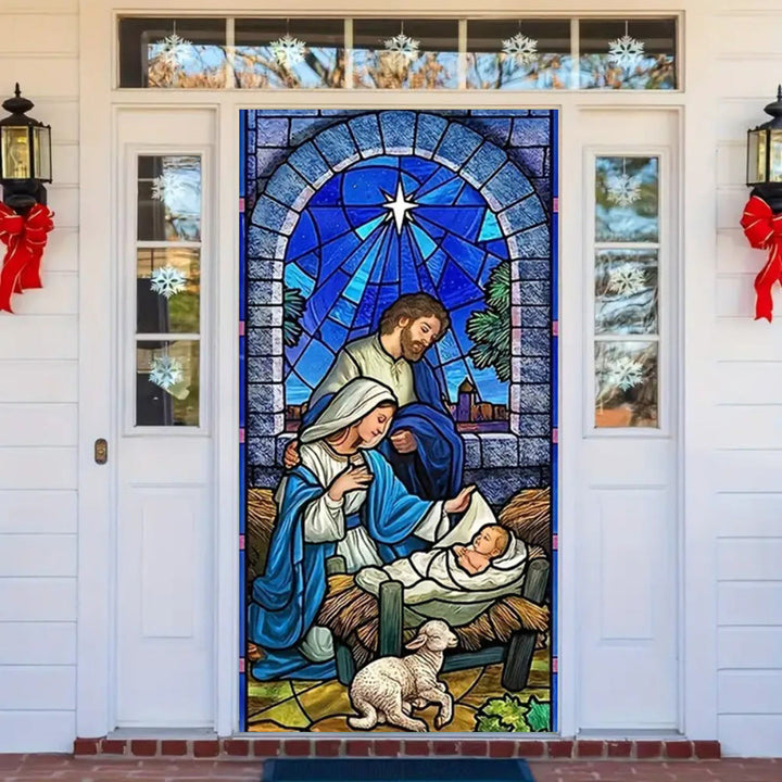 Christianartworkshop Blue - Toned Stained Glass Nativity Door Curtain: Holy Family & Lamb - image 3