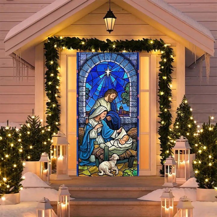 Christianartworkshop Blue - Toned Stained Glass Nativity Door Curtain: Holy Family & Lamb - image 4
