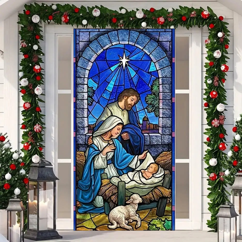 Christianartworkshop Blue - Toned Stained Glass Nativity Door Curtain: Holy Family & Lamb - image 5