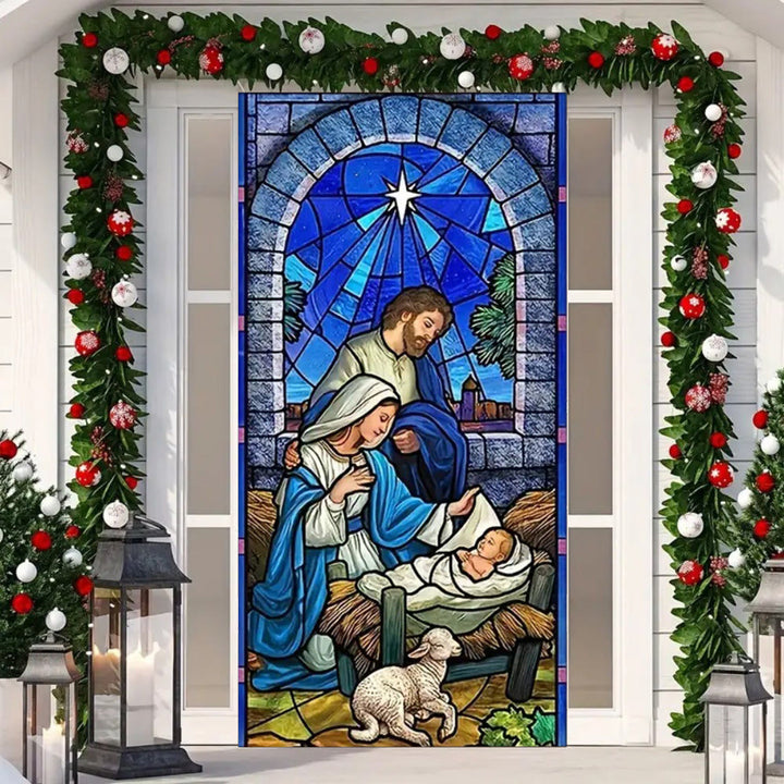 Christianartworkshop Blue - Toned Stained Glass Nativity Door Curtain: Holy Family & Lamb - image 5