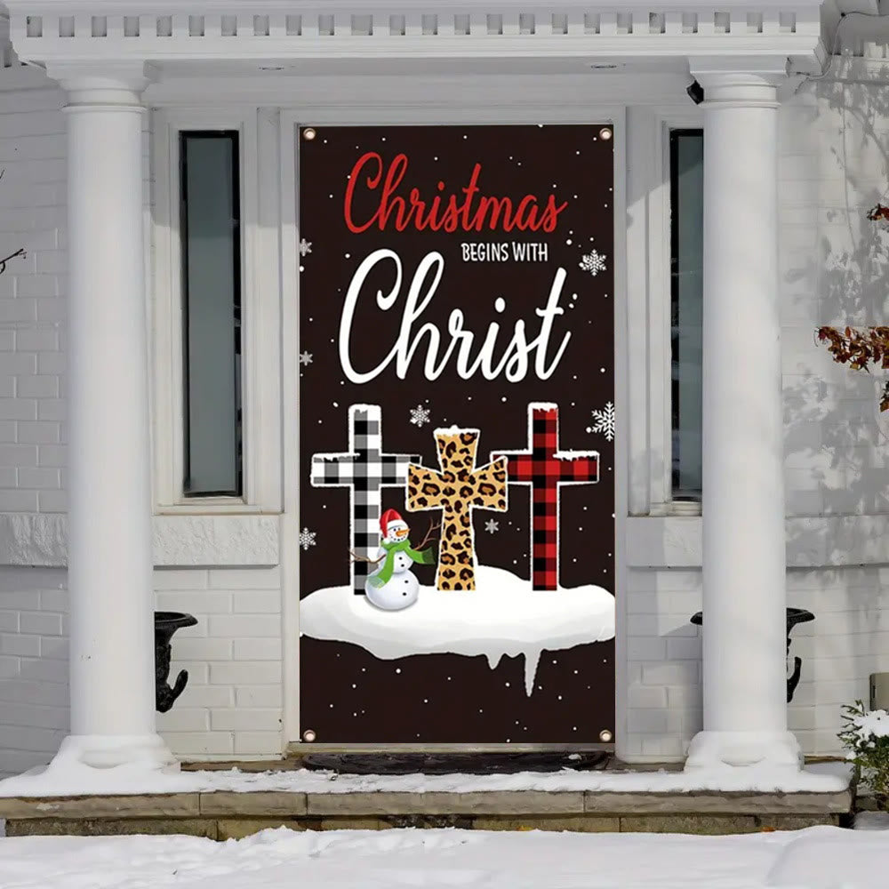 Christianartworkshop Festive “Christmas Begins With Christ” Door Banner: Plaid/Leopard Cross - image 1