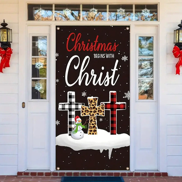 Christianartworkshop Festive “Christmas Begins With Christ” Door Banner: Plaid/Leopard Cross - image 3