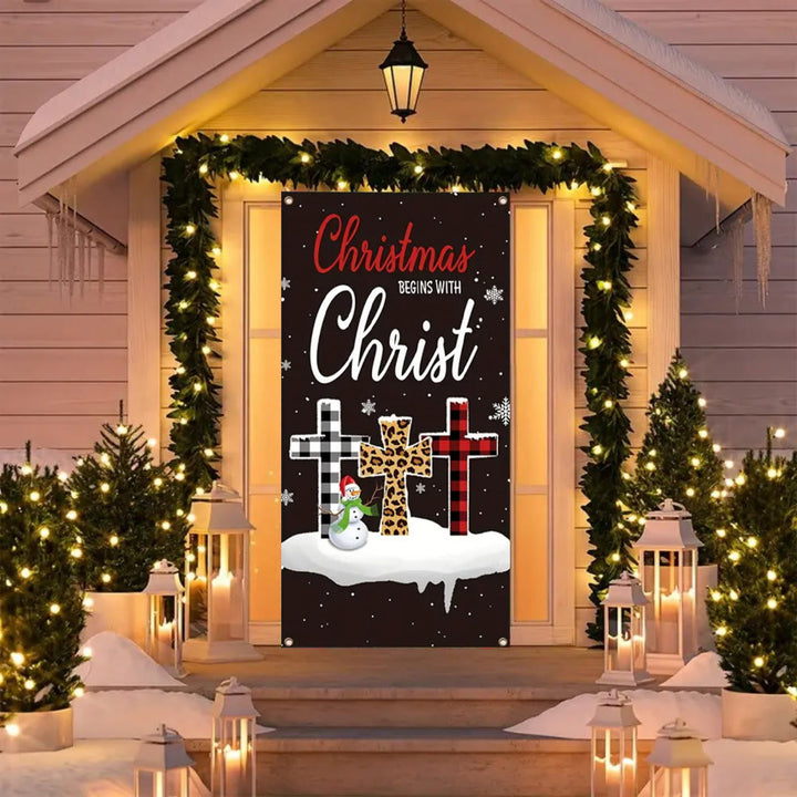 Christianartworkshop Festive Christmas Begins With Christ Door Curtain: Plaid/Leopard Cross - image 5