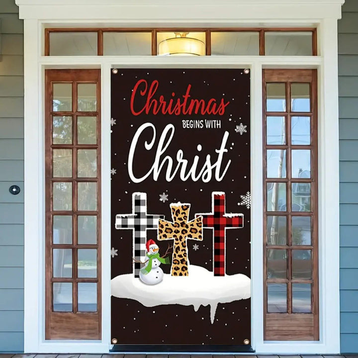 Christianartworkshop Festive “Christmas Begins With Christ” Door Banner: Plaid/Leopard Cross - image 2