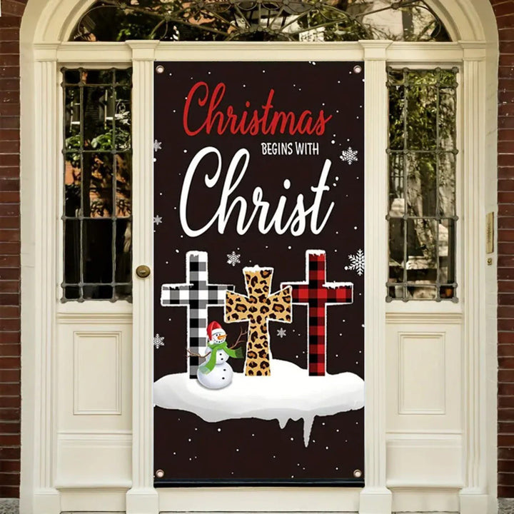 Christianartworkshop Festive “Christmas Begins With Christ” Door Banner: Plaid/Leopard Cross - image 4