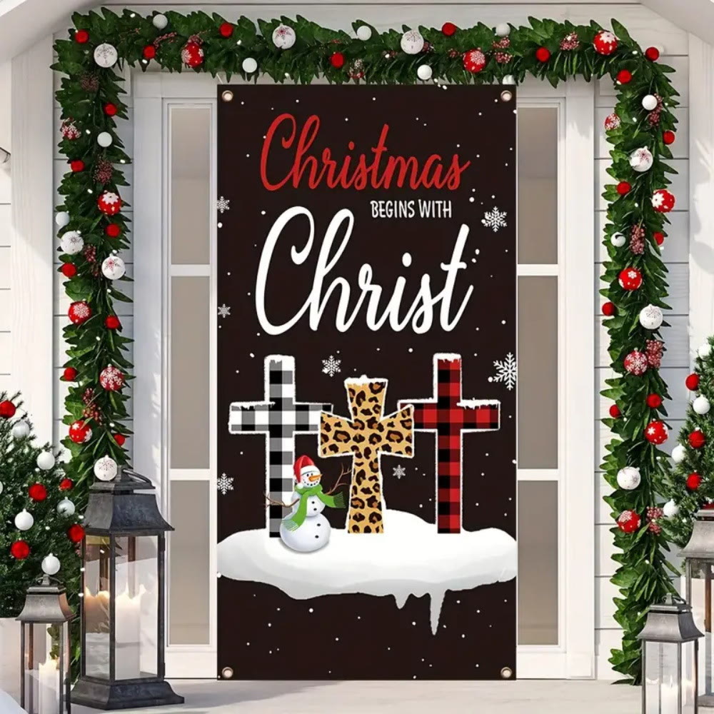 Christianartworkshop Festive “Christmas Begins With Christ” Door Banner: Plaid/Leopard Cross - 90*180cm - image 0