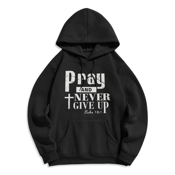 Christianartworkshop Cross & Scripture Pray And Never Give Up Fleece Lined Polyester Hoodie - Black - 2XL - image 4