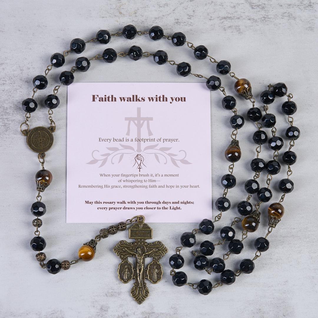 Christianartworkshop "Faith walks with you" Vintage Obsidian Tiger Eye Beads Rosary with Pardon Crucifix & St. Benedict - Faith walks with you - image 0
