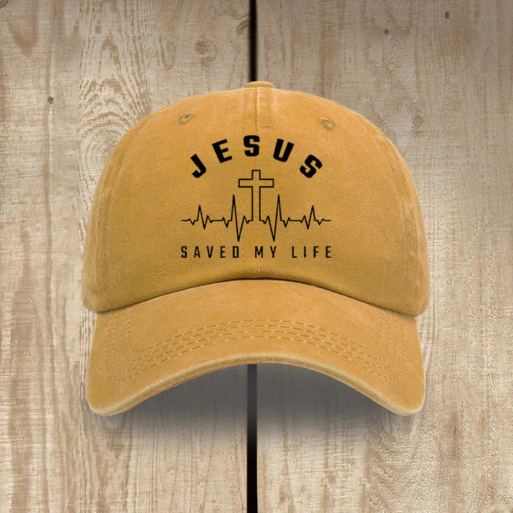 Christianartworkshop Jesus Saved My Life and Heartbeat Graphic Unisex Distressed Washed Cotton Hat - Yellow - image 16