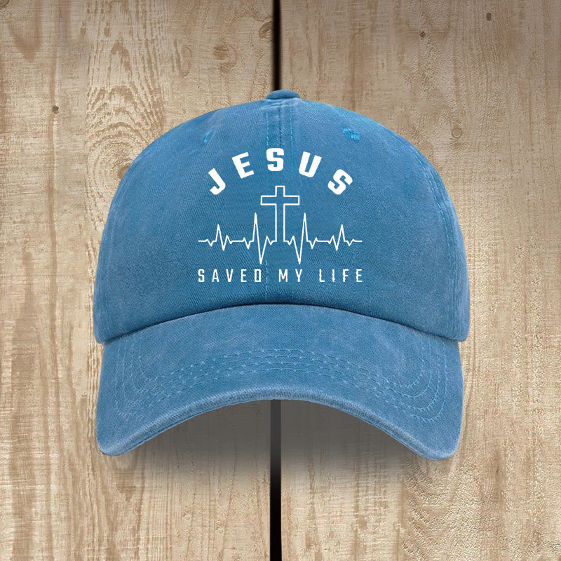 Christianartworkshop Jesus Saved My Life and Heartbeat Graphic Unisex Distressed Washed Cotton Hat - Lake Blue - image 11