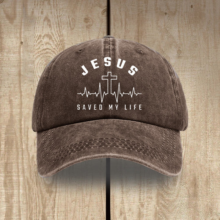 Christianartworkshop Jesus Saved My Life and Heartbeat Graphic Unisex Distressed Washed Cotton Hat - Coffee - image 8