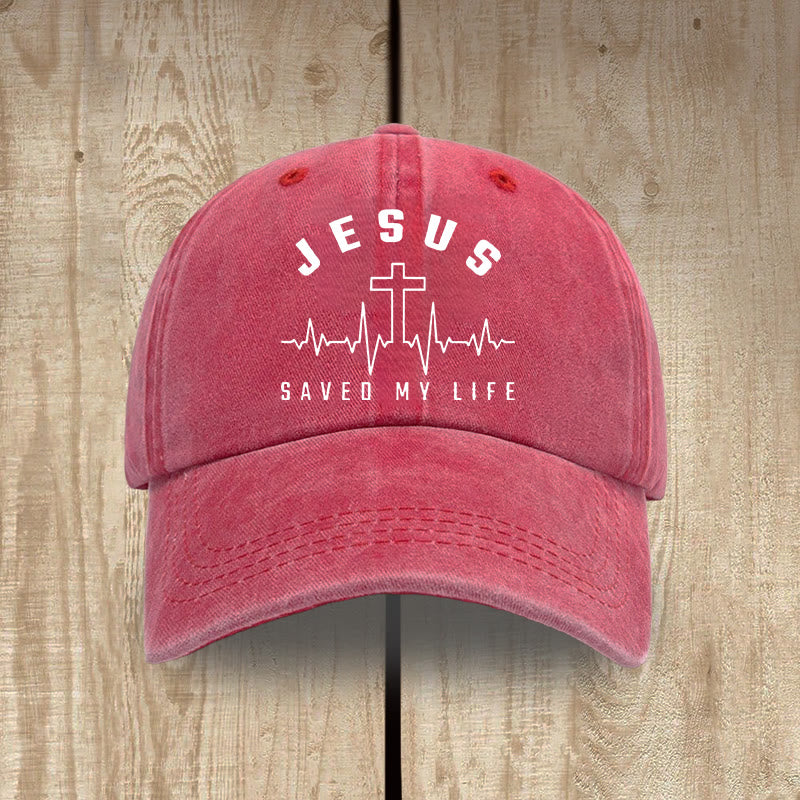 Christianartworkshop Jesus Saved My Life and Heartbeat Graphic Unisex Distressed Washed Cotton Hat - Red - image 0
