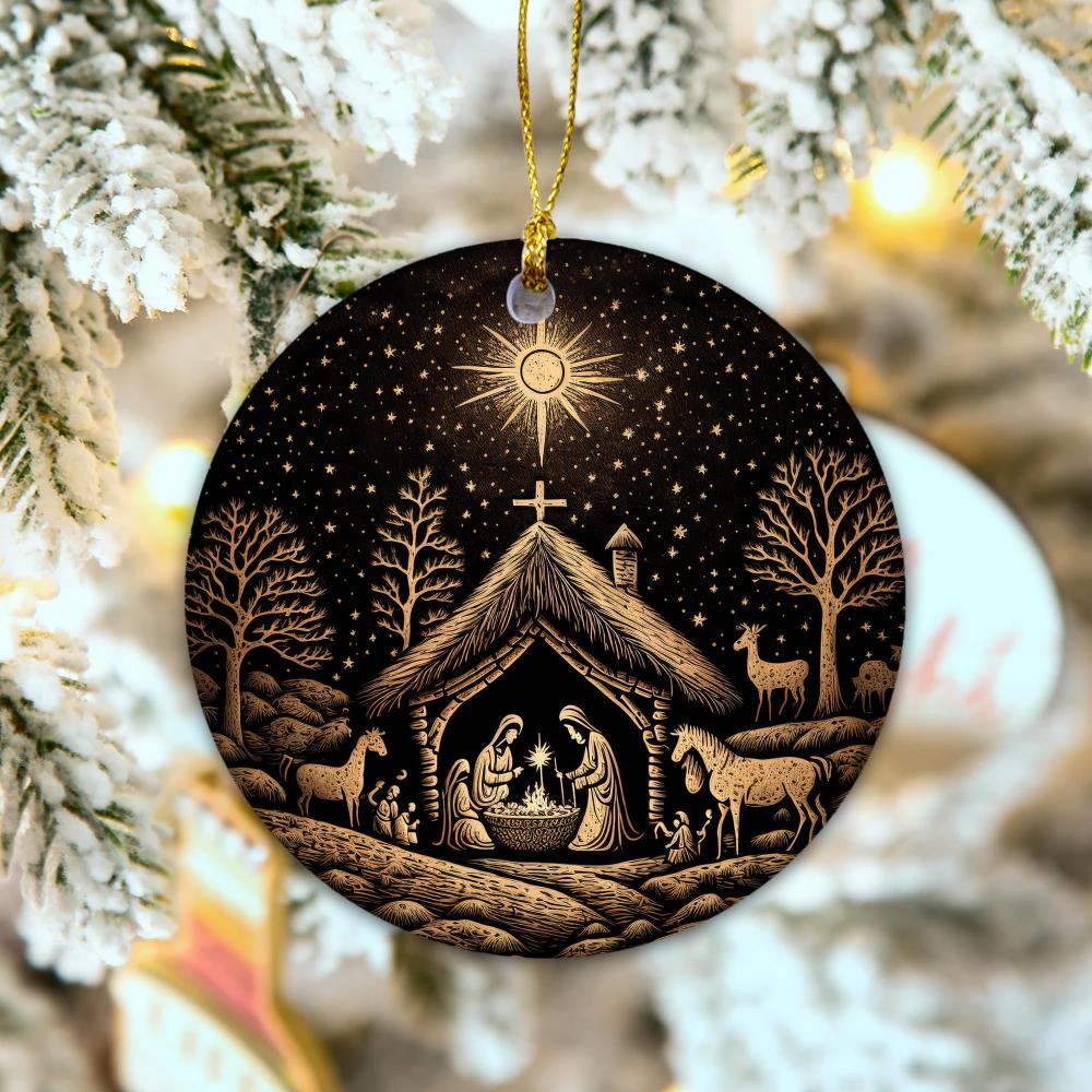Christianartworkshop Black & Gold Artistic Nativity Scene Christmas Hanging Ornaments - Ceramics - image 1