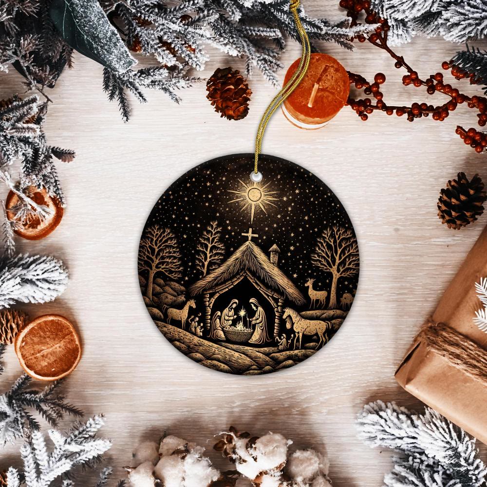 Christianartworkshop Black & Gold Artistic Nativity Scene Christmas Hanging Ornaments - image 2