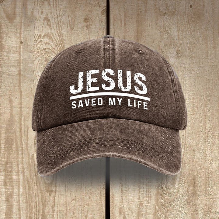 Christianartworkshop Bold Vintage Jesus Saved My Life Unisex Distressed Washed Cotton Hat - Coffee - image 0