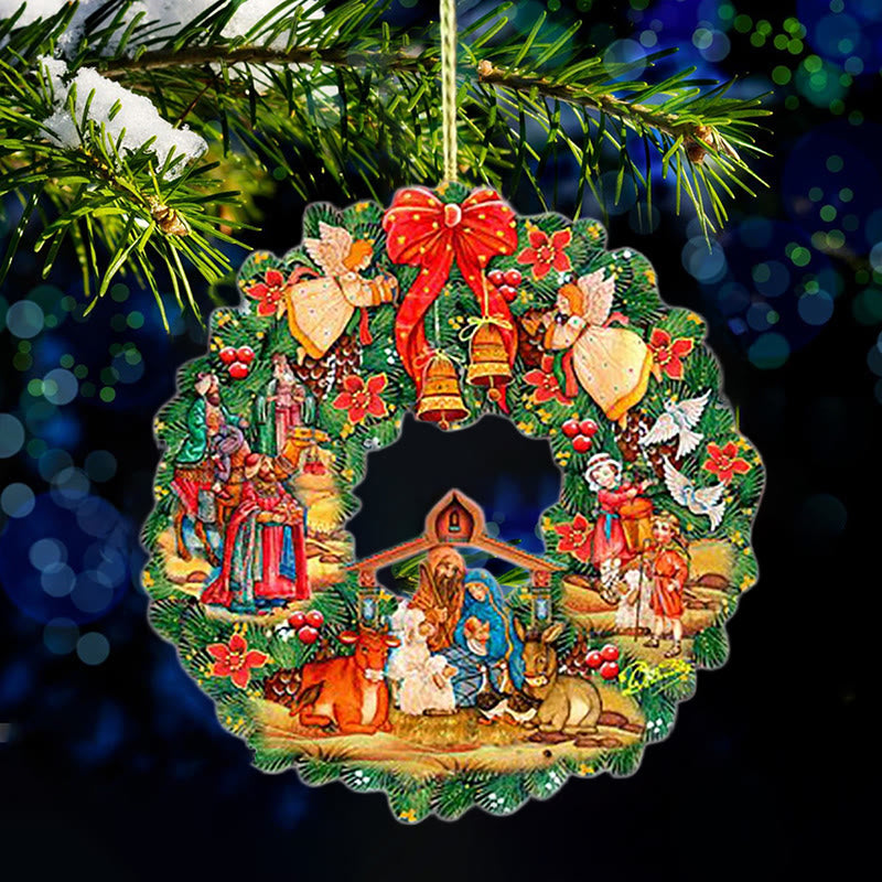 Christianartworkshop Colored Style Nativity Scene Angels Bells Wreath Christmas Nativity Hanging Ornaments - image 6
