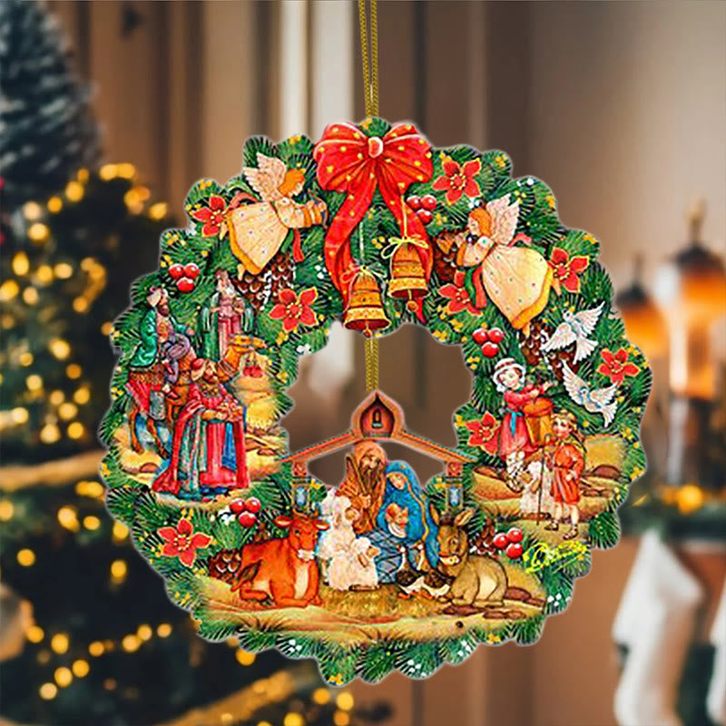 Christianartworkshop Colored Style Nativity Scene Angels Bells Wreath Christmas Nativity Hanging Ornaments - image 5