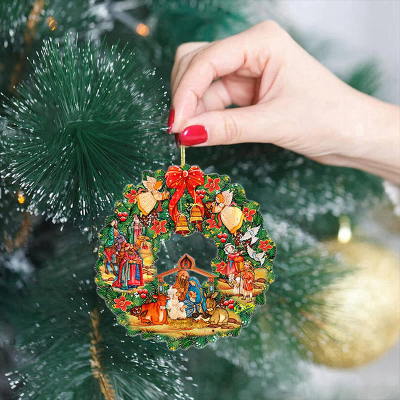 Christianartworkshop Colored Style Nativity Scene Angels Bells Wreath Christmas Nativity Hanging Ornaments - image 4