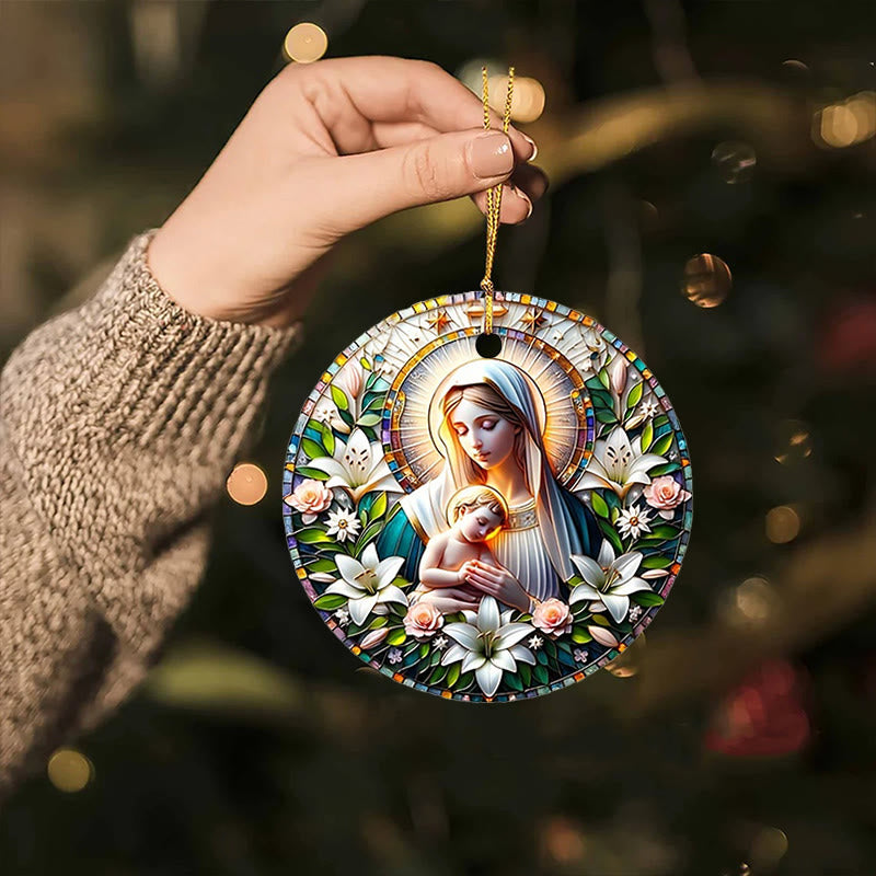 Christianartworkshop Realistic Style Virgin Mary Floral Wreath Star Christmas Hanging Ornaments - Ceramics - image 1
