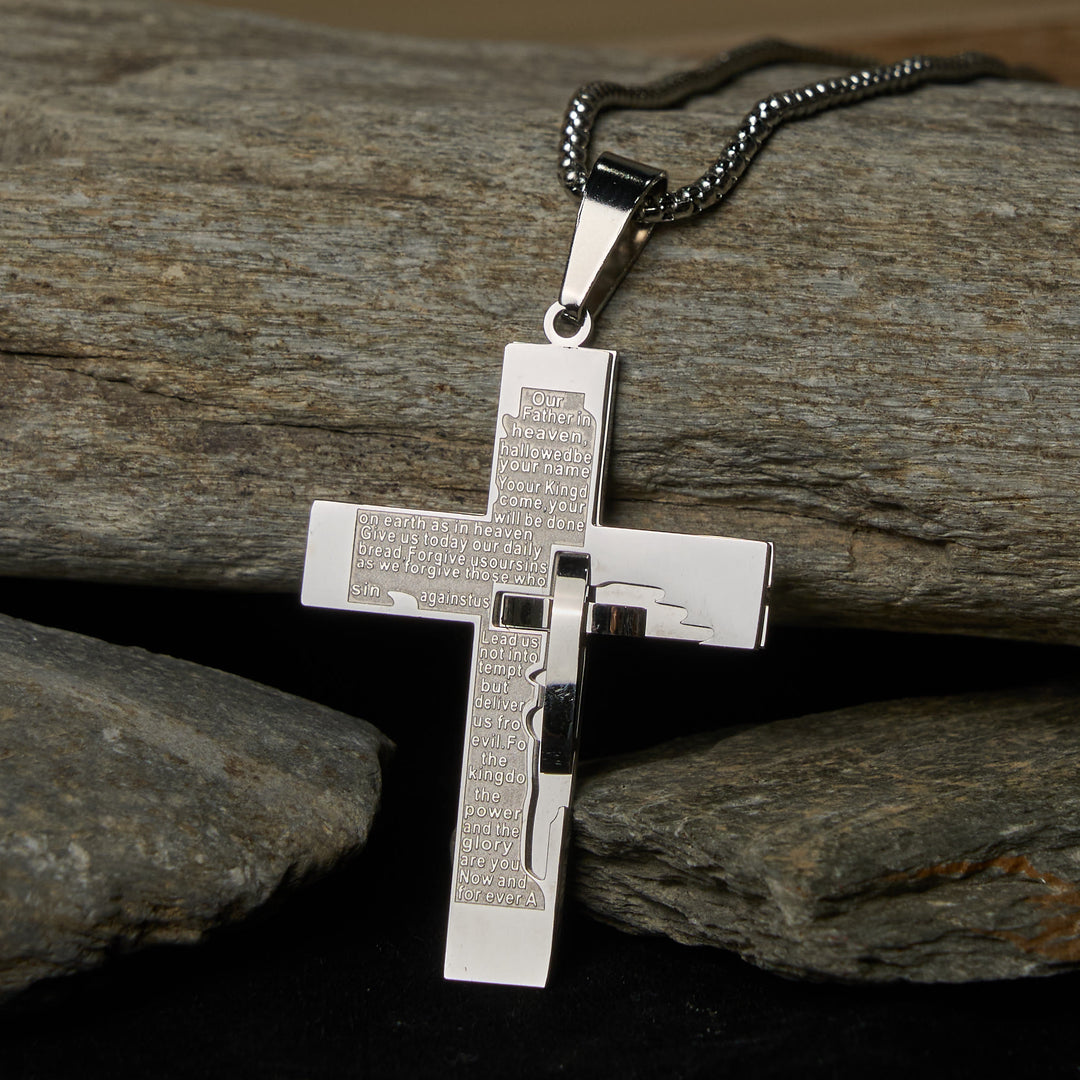 FREE Today: Dual-Toned Metallic Luster Lord's Prayer Cross Necklace with Scripture - Silver - image 2