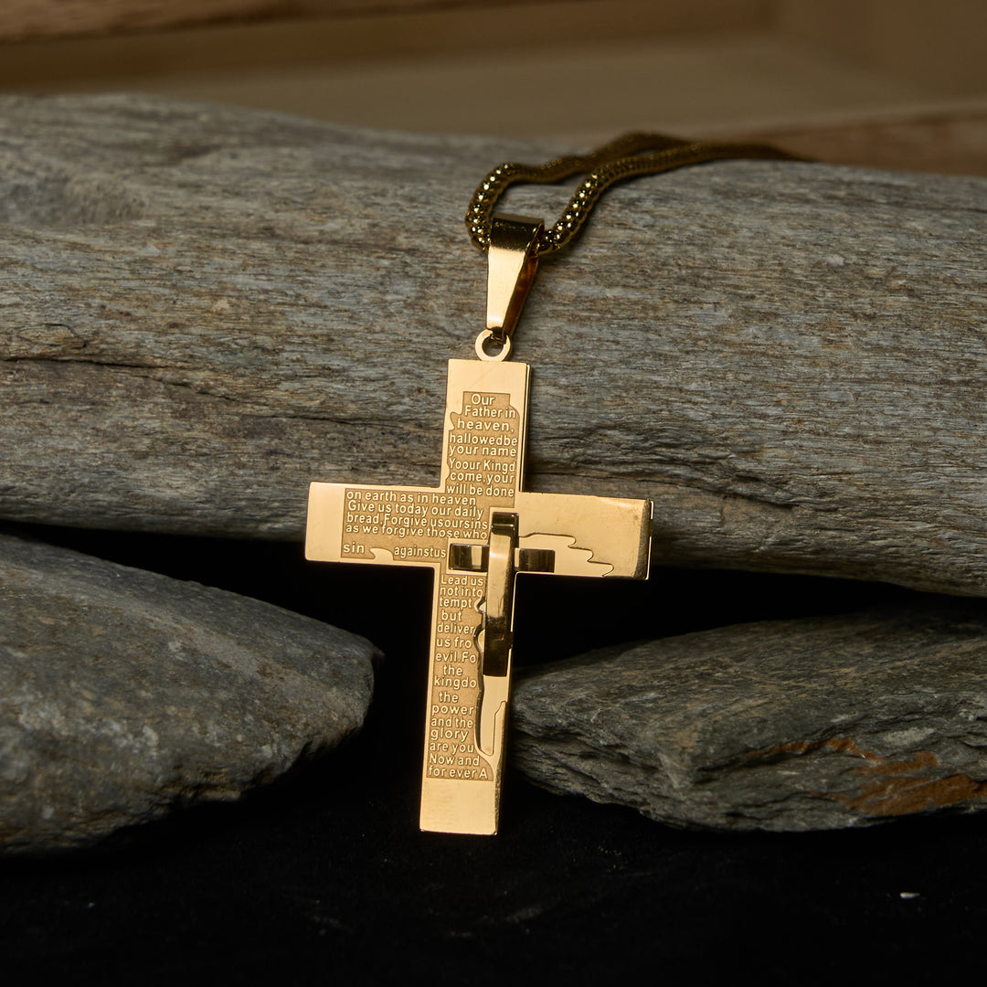 Christianartworkshop Dual-Toned Metallic Luster Lord's Prayer Cross Necklace with Scripture - Golden - image 0