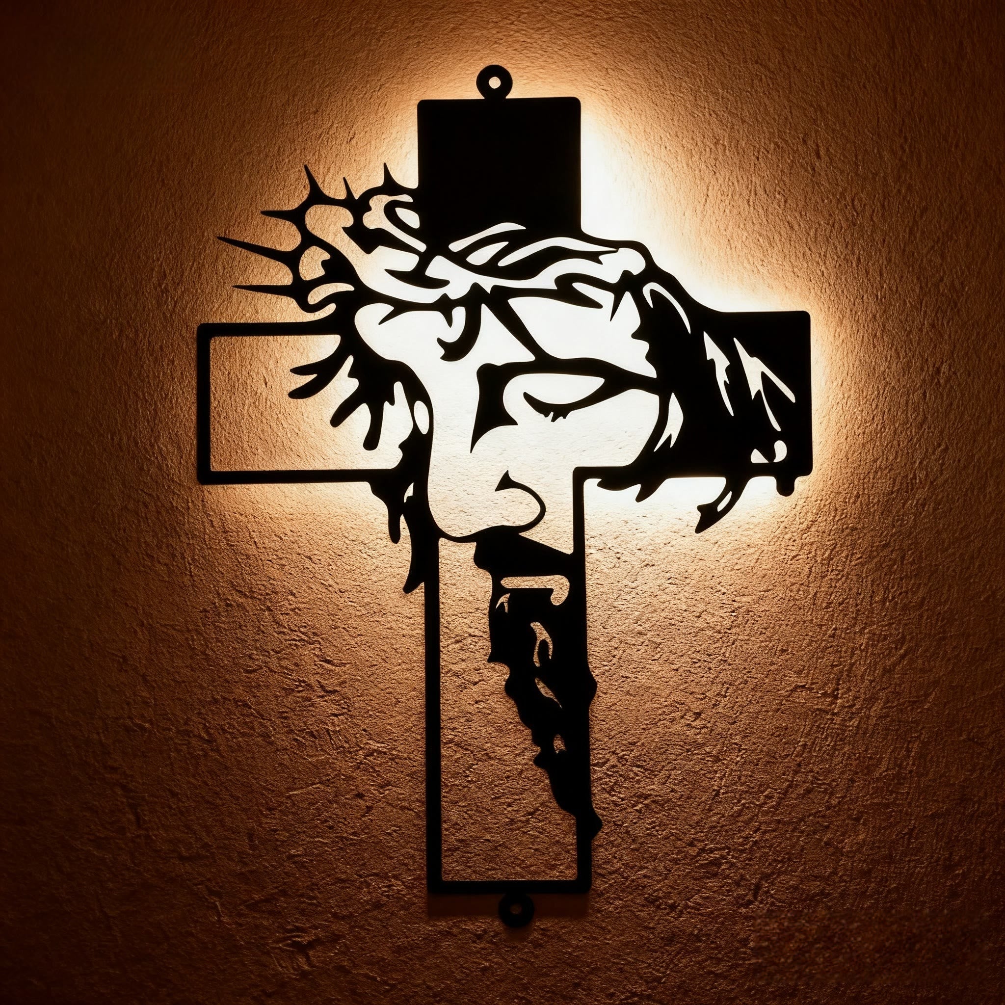 Christian Artwork Black Metal Jesus Cross Wall Decor with Crown of
