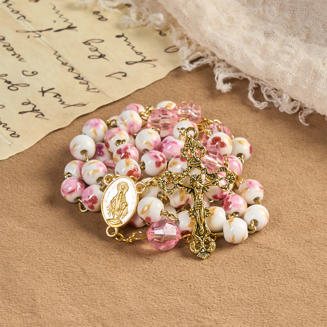 FREE Today: Miraculous Medal & Crucifix of 8 mm Round Floral Pink Ceramic Alloy Chain Rosary - Rose of Grace Rosary - image 0