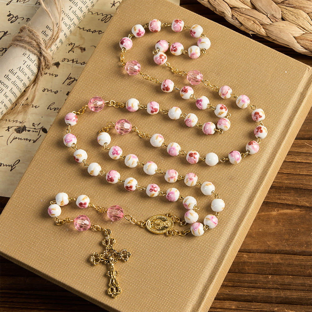 FREE Today: Miraculous Medal & Crucifix of 8 mm Round Floral Pink Ceramic Alloy Chain Rosary - image 1