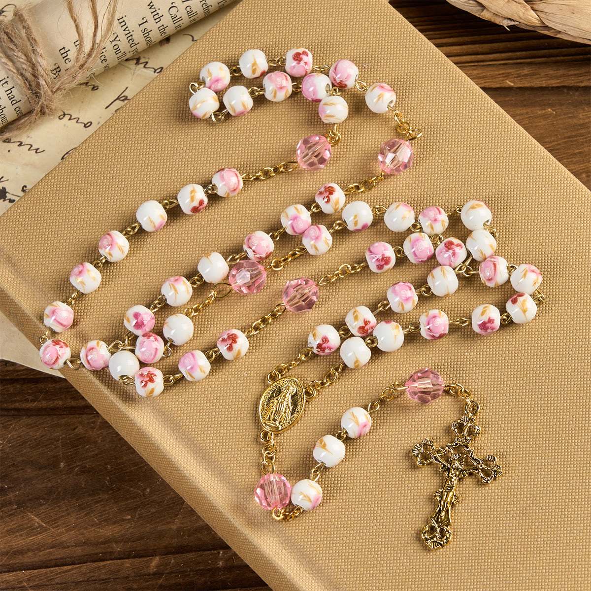 Floral Pink Ceramic Rosary with Miraculous Medal & Ornate Gold