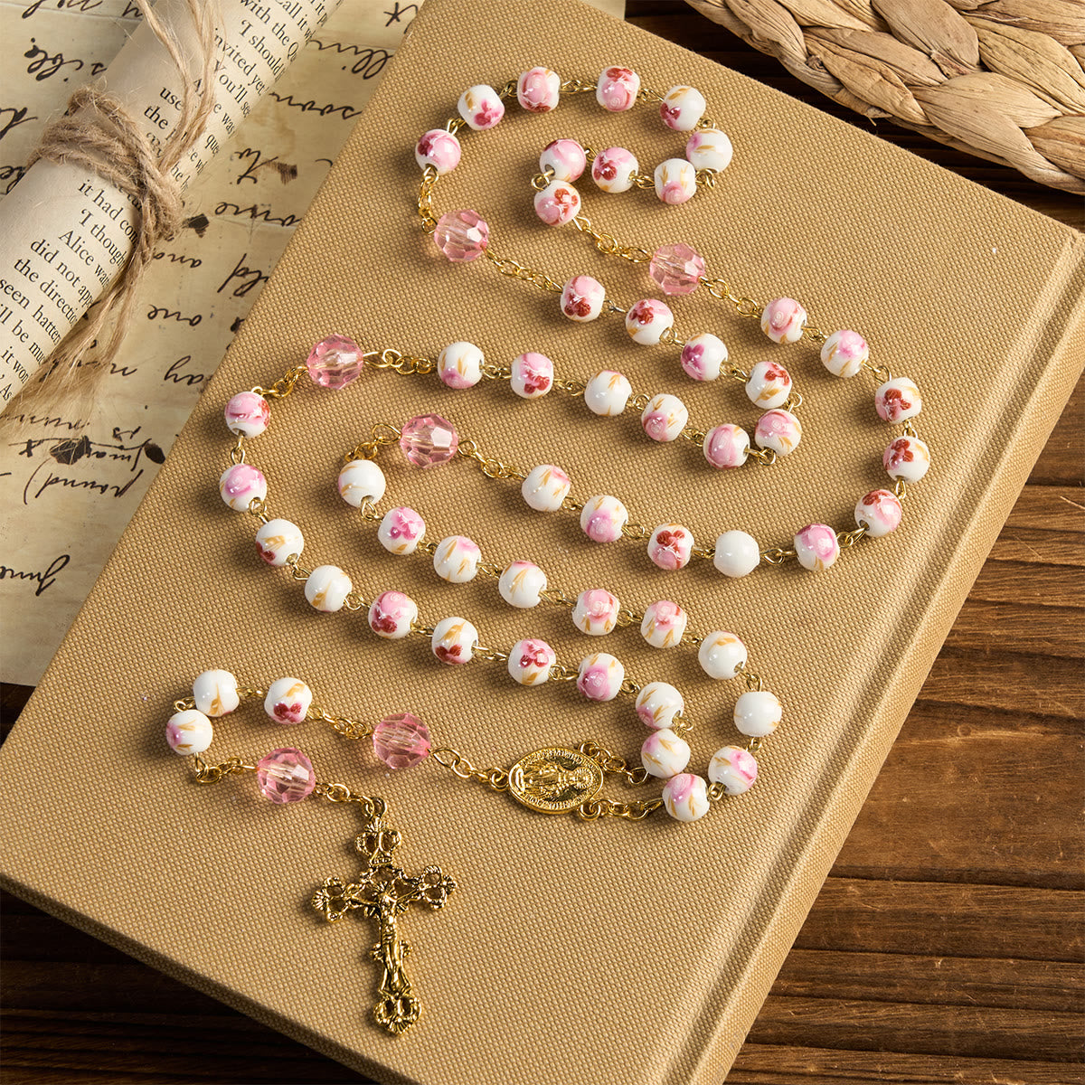 Floral Pink Ceramic Rosary with Miraculous Medal & Ornate Gold