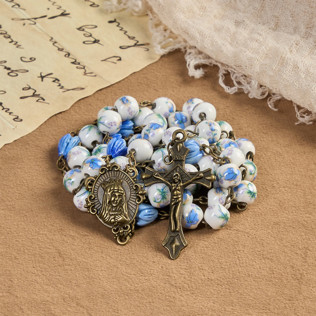 Christianartworkshop Miraculous Medal & Crucifix of 8 mm Round Floral Pink Ceramic Alloy Chain Rosary - Lily of Peace Rosary - image 11