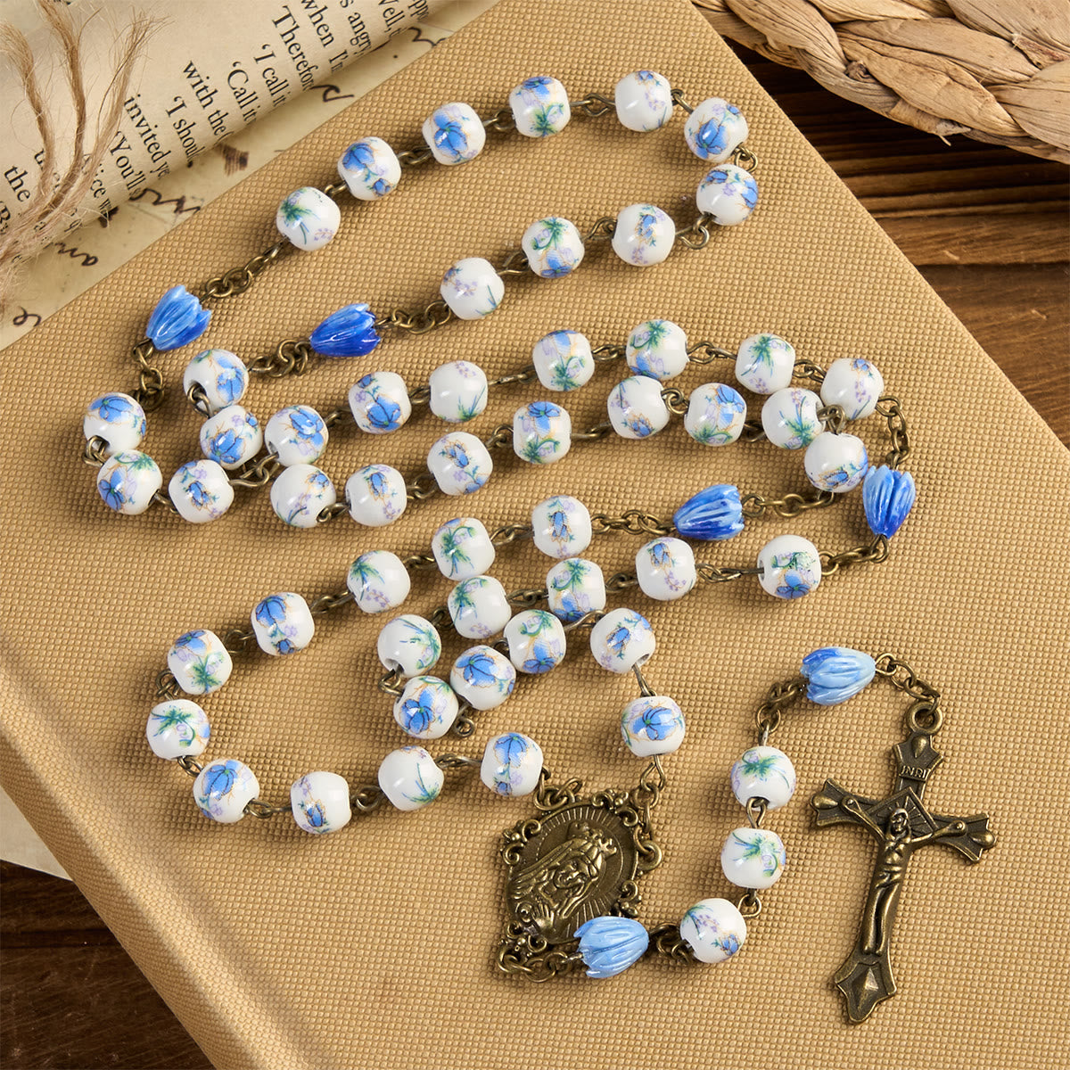 Floral Pink Ceramic Rosary with Miraculous Medal & Ornate Gold