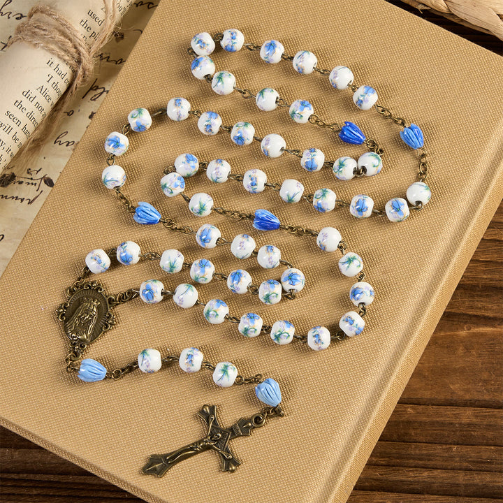 Christianartworkshop Miraculous Medal & Crucifix of 8 mm Round Floral Pink Ceramic Alloy Chain Rosary - image 12