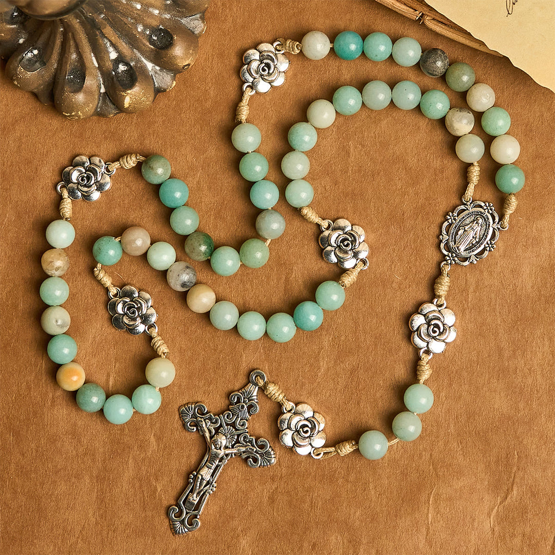 Christianartworkshop Tranquil Green Bead with Flower Charms Rosary: Full of Serenity and Blessing - Our Lady & Crucifix - image 0