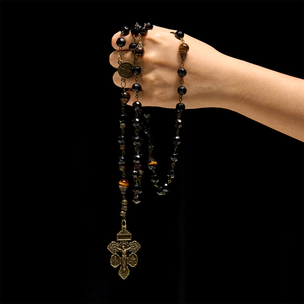 Christianartworkshop Vintage Obsidian Tiger Eye Beads Rosary with Pardon Crucifix & St. Benedict - image 1