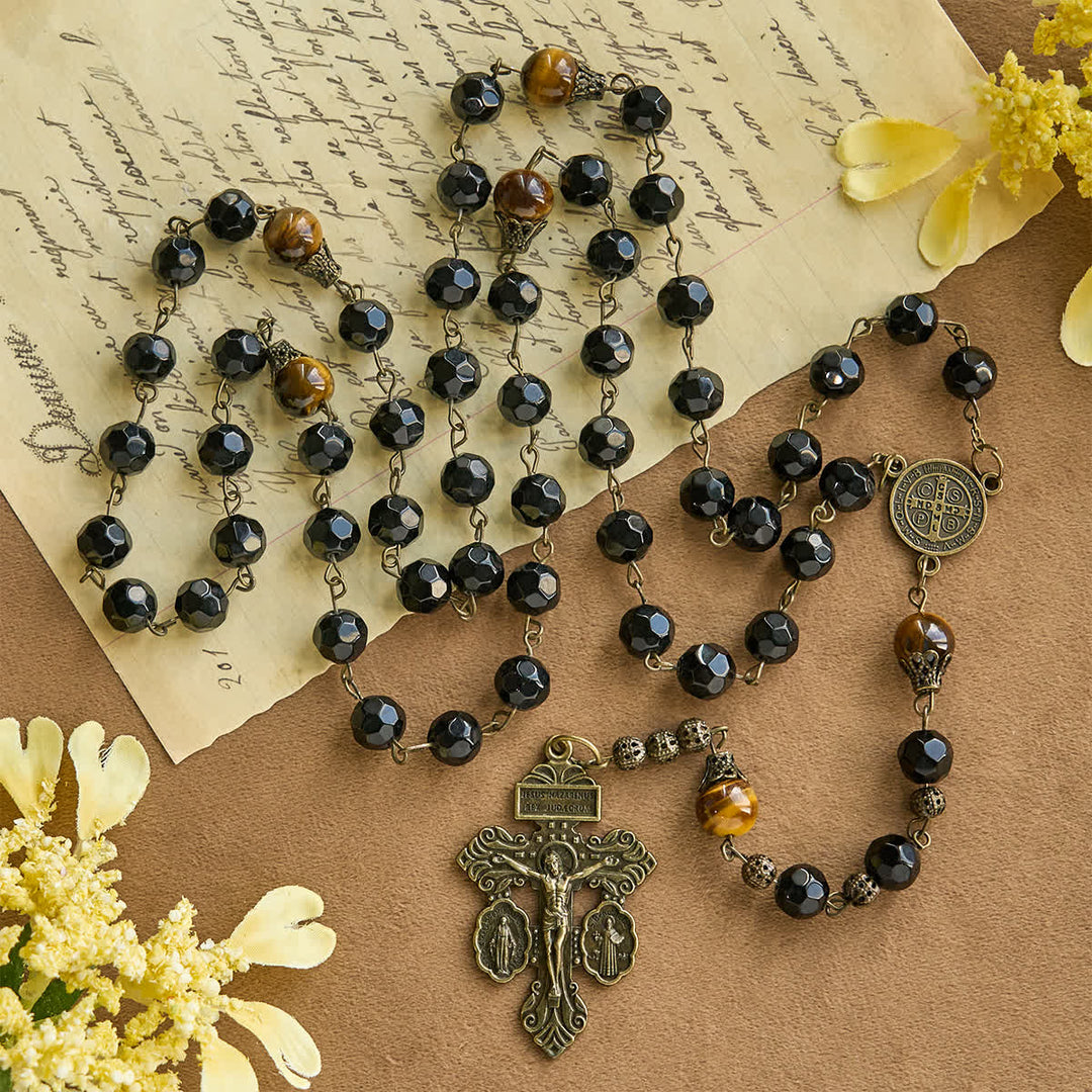 Christianartworkshop Vintage Obsidian Tiger Eye Beads Rosary with Pardon Crucifix & St. Benedict - image 3