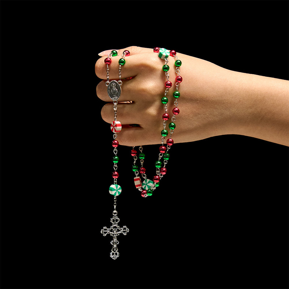 Christianartworkshop Festive Christmas Rosary: Red - Green Beads, Candy Shapes & Crucifix - image 1