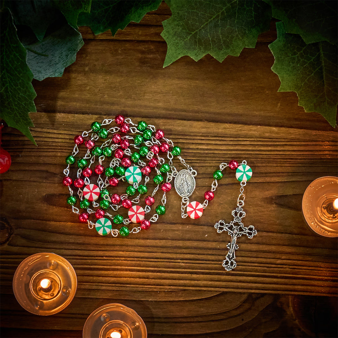 Christianartworkshop Christmas Gift: Festive Christmas Rosary: Red - Green Beads, Candy Shapes & Crucifix - image 9