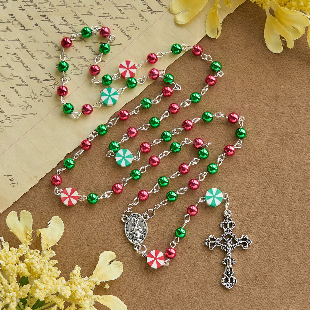 Christianartworkshop Christmas Gift: Festive Christmas Rosary: Red - Green Beads, Candy Shapes & Crucifix - image 11