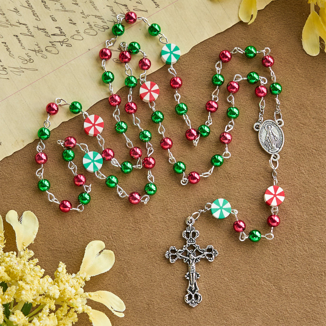 Christianartworkshop Christmas Gift: Festive Christmas Rosary: Red - Green Beads, Candy Shapes & Crucifix - image 7