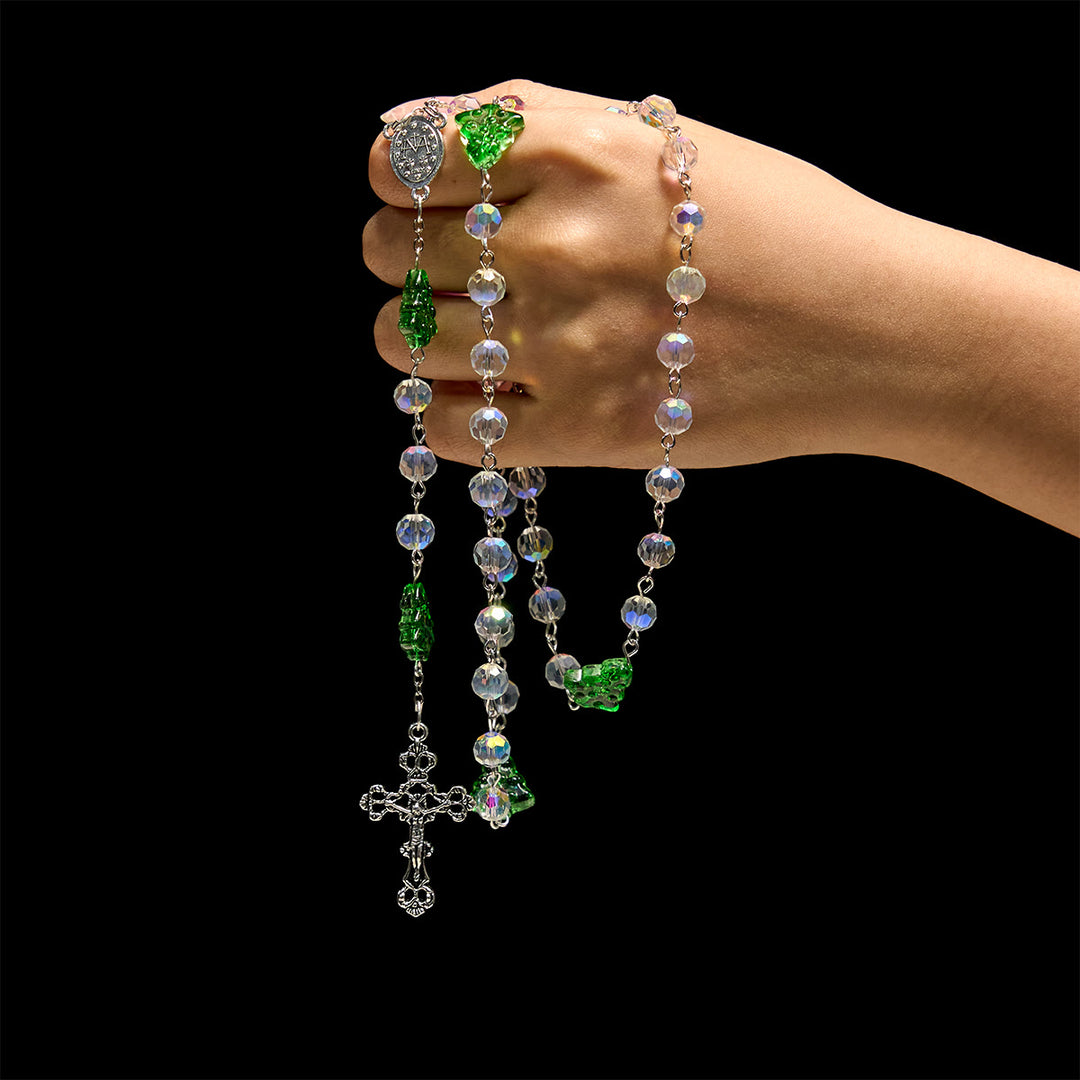 Christianartworkshop Christmas Gift: Festive Faith Rosary: Iridescent Translucent Beads & Christmas Tree Accents - image 1