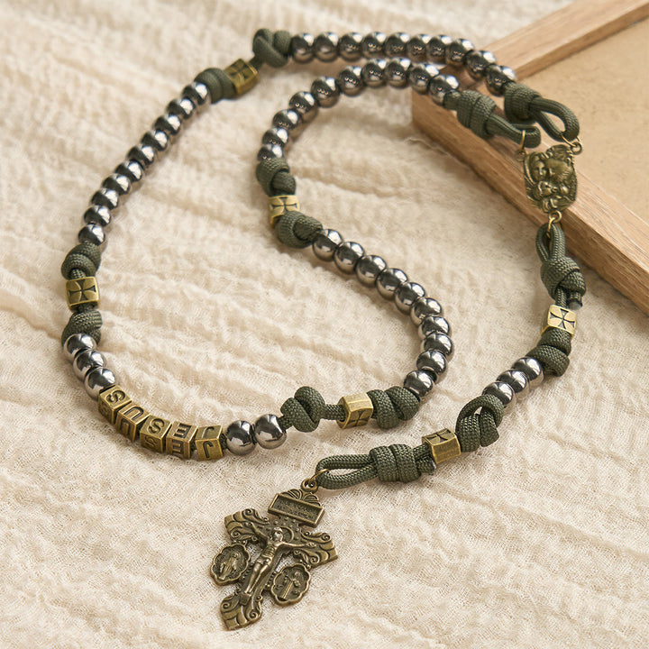 Christianartworkshop Military - Style Paracord Custom Rosary: Silver-Toned Beads & Brass JESUS - image 2
