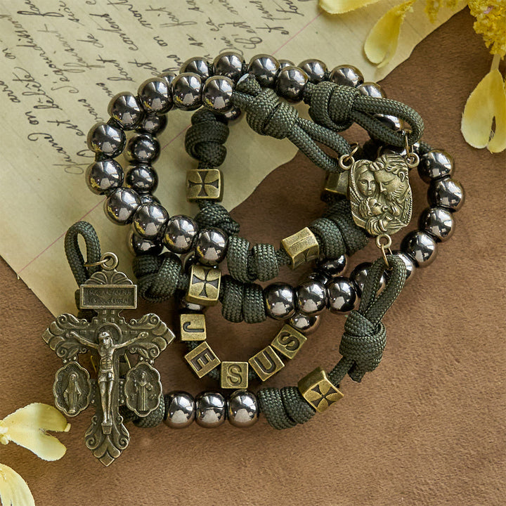 Christianartworkshop Military - Style Paracord Custom Rosary: Silver-Toned Beads & Brass JESUS - image 3