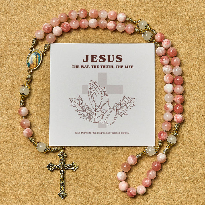 Handmade Pink Glossy Beads Rosary with Brass Crucifix and Our Lady Charm - Thanksgiving Day - image 0