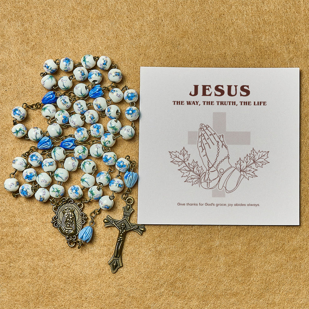 Immaculate Heart of Mary & Crucifix of 8 mm Round Blue Floral Acrylic Alloy Chain Rosary - image 2